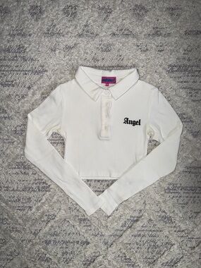 Edikted Angel Ribbed Long Sleeve Polo Crop Top